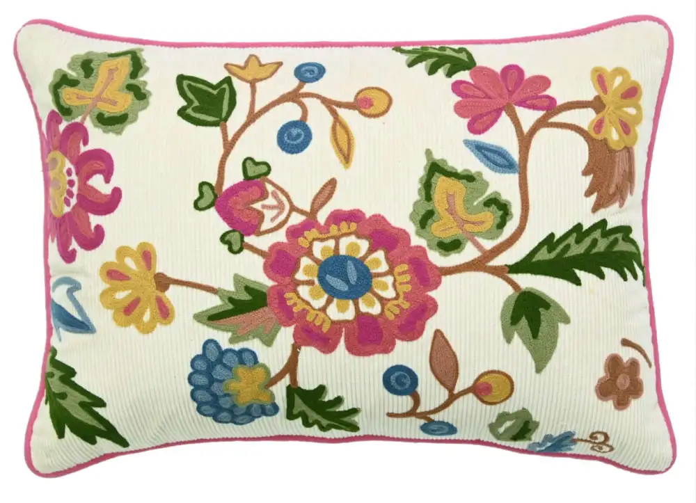 Hand Embroidered Botanical Textured Cotton Lumbar Decorative Cushion Cover