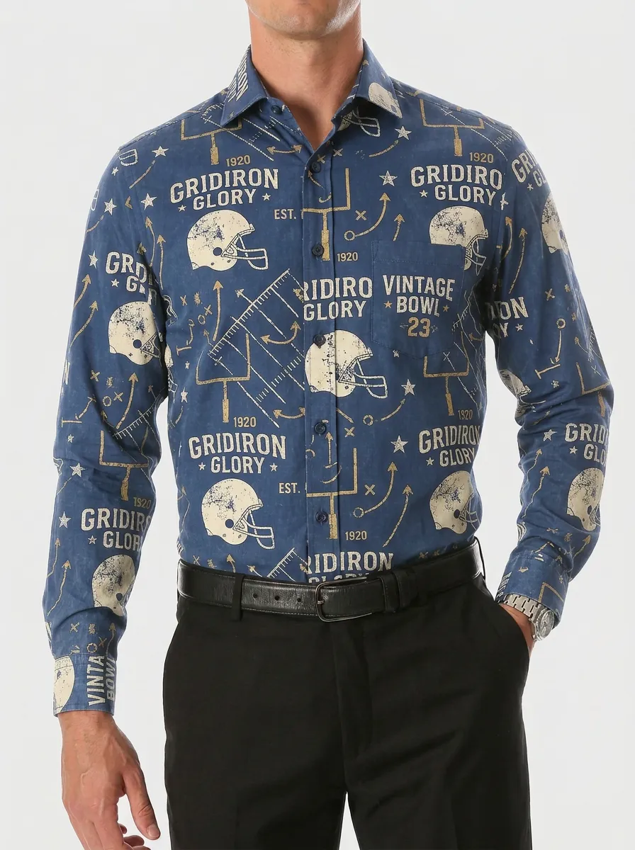 Men's American Football Fan Gridiron Glory Helmet Printed Button-Down Shirt