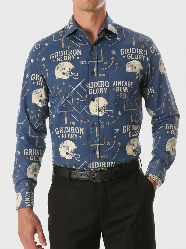 Men's American Football Fan Gridiron Glory Helmet Printed Button-Down Shirt