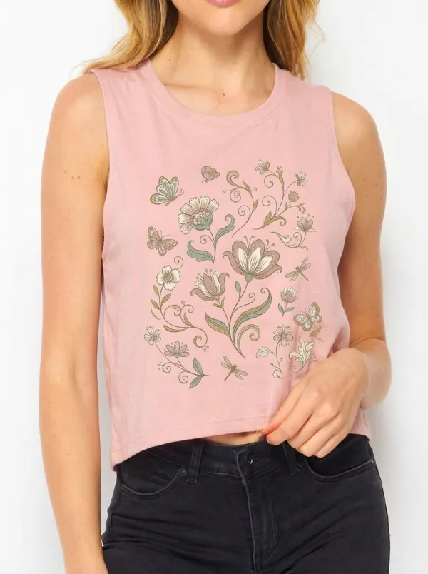 Women's Botanical Nature Lover Butterfly Floral Printed Crop Tank Top