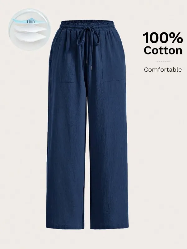 Blue Straight Leg Drawstring Pocket Pants