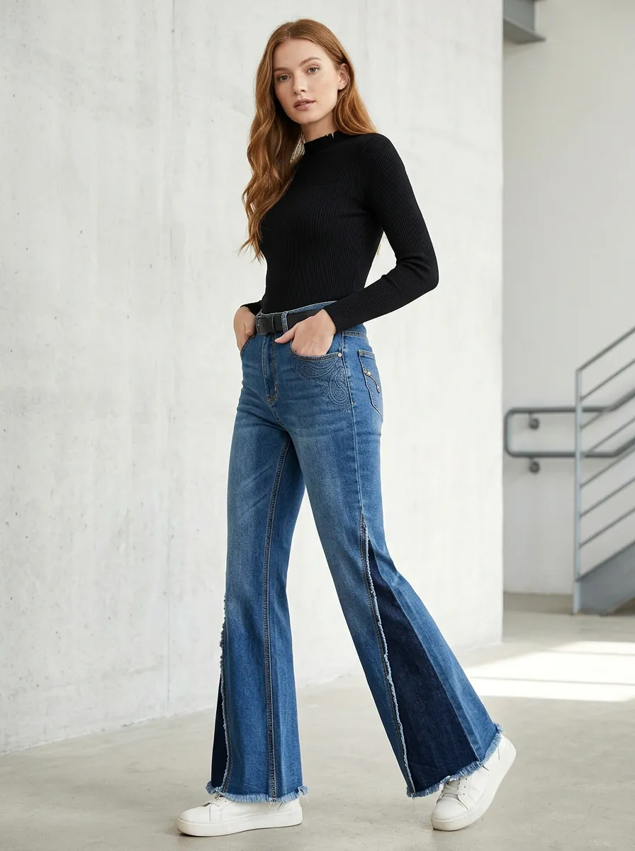 Women's Paisley Embroidered Colorblock Raw Hem Flared Jeans