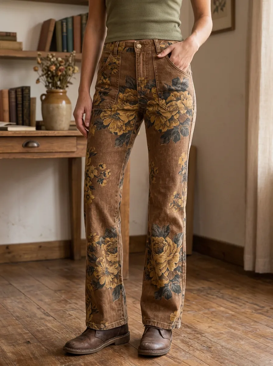 Women's Modern Vintage Floral Brown Printed Pants