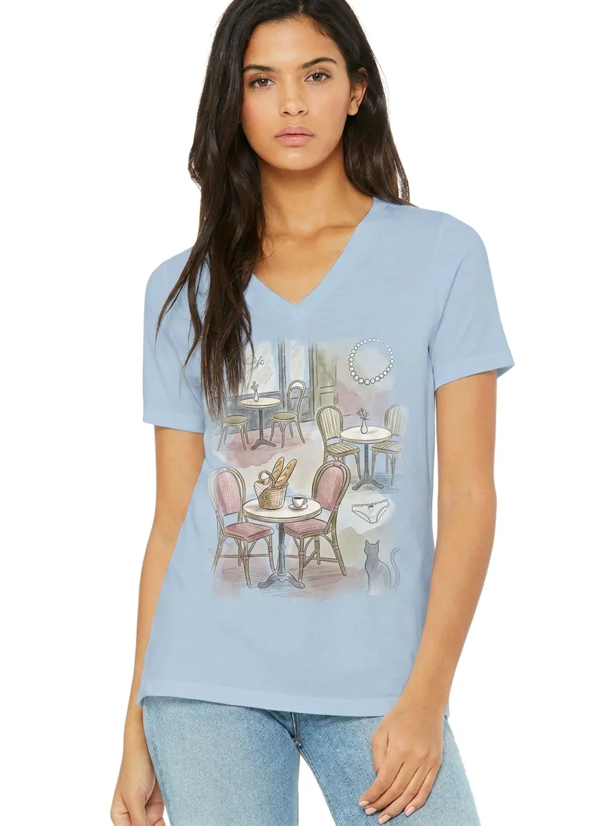 Women's Paris Cafe Cat Bread Printed V-neck T-shirt