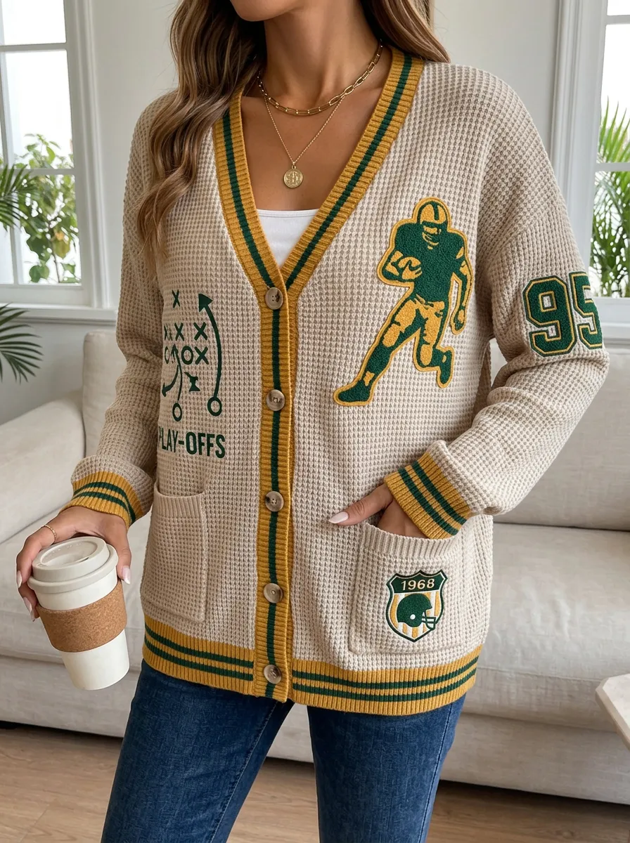 Women's Football Fan Play-offs Graphic Waffle Knit Cardigan