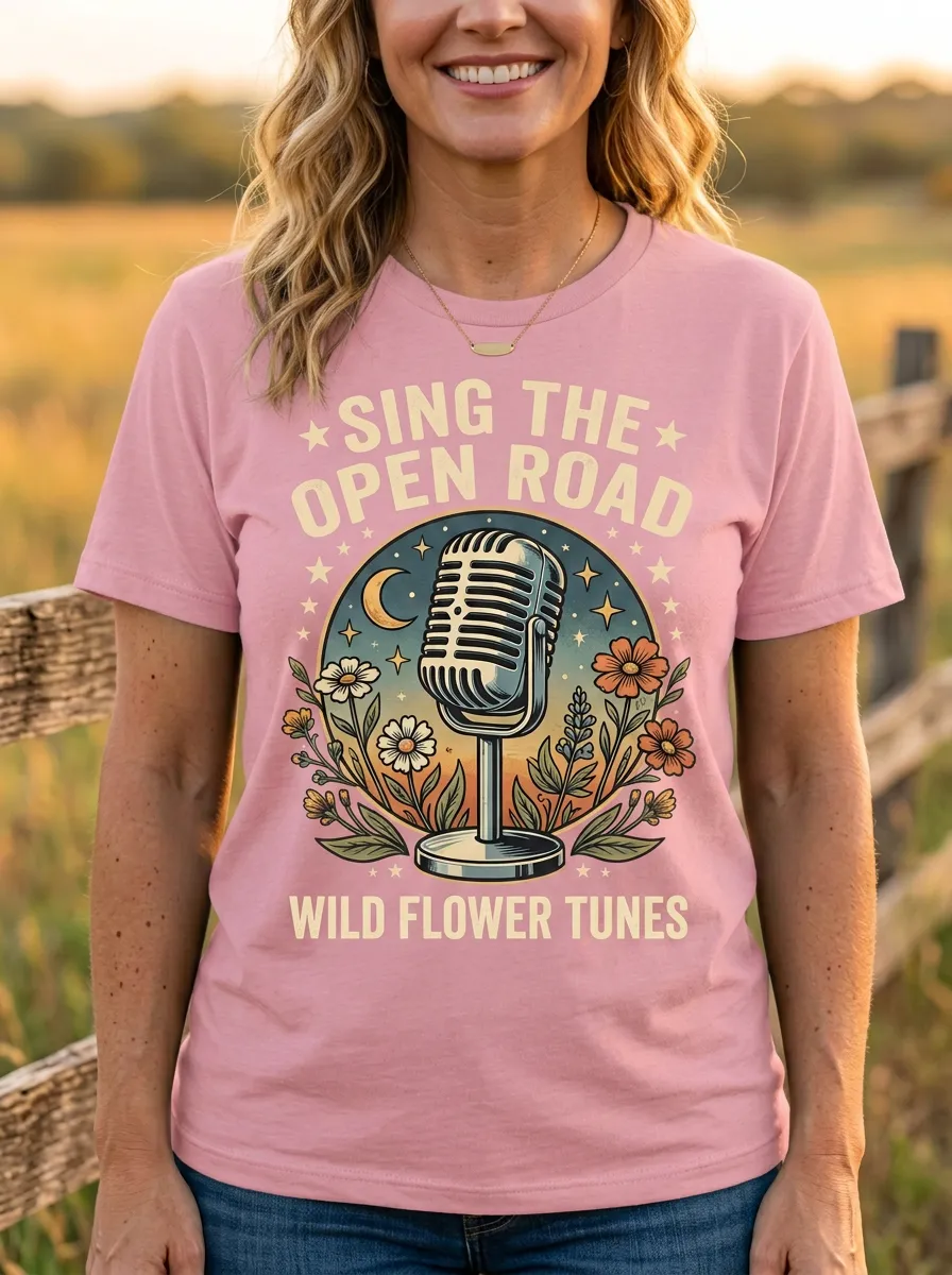 Wildflower Microphone Women's Country Music Casual T-Shirt