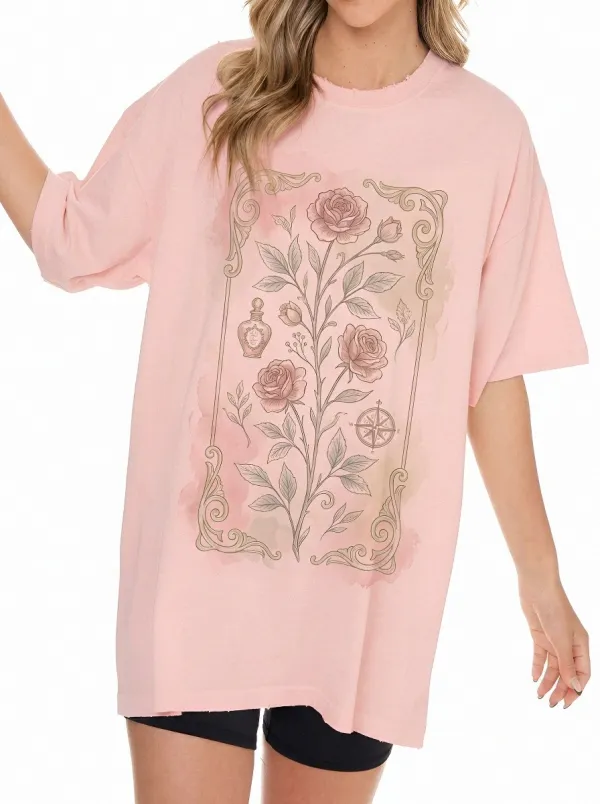 Women's Vintage Aesthetic Rose Compass Perfume Bottle Printed T-shirt