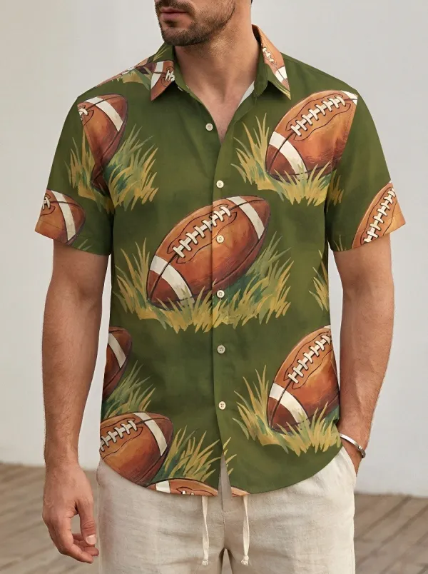 Men's Relaxed American Football Lover Grass Field Printed Button-up Shirt