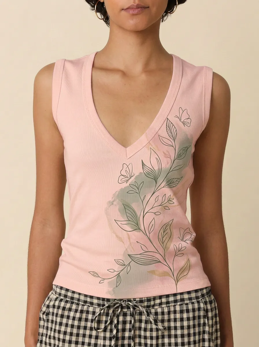 Women's Botanical Butterfly Watercolor Printed V-Neck Tank Top