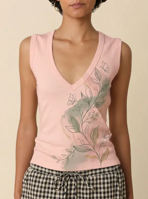 Women's Botanical Butterfly Watercolor Printed V-Neck Tank Top