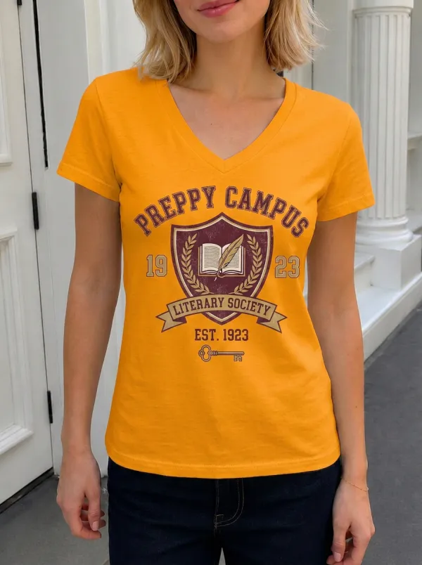 Women's Preppy Campus Literary Society Book Feather Printed V-neck T-shirt