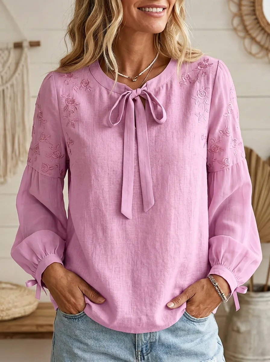 Women's Round Neck Tie-neck Floral Embroidered Blouse