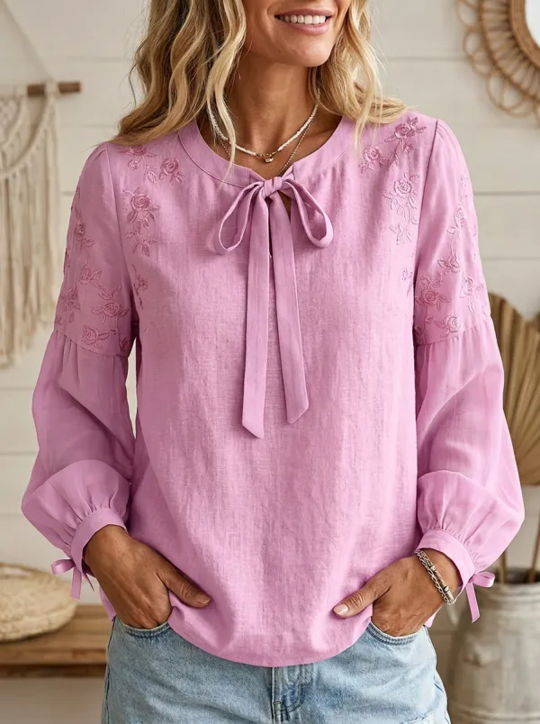 Women's Round Neck Tie-neck Floral Embroidered Blouse