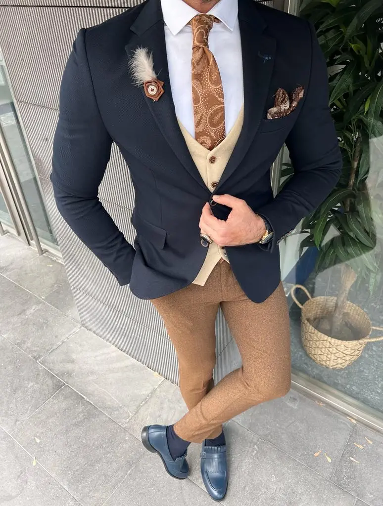 Slim Fit  Italian Fabric Stamped Dark Blazer