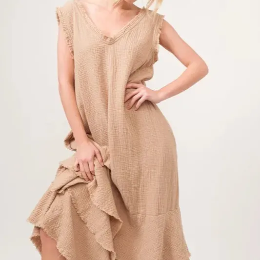 Washed Cotton Gauze Fringe Detail Tiered Dress