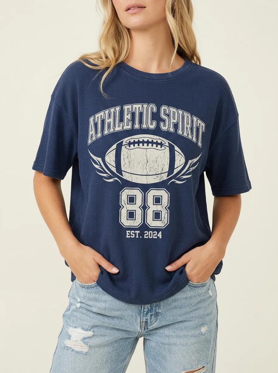 Women's Classic Football Ball Athletic Crew Neck Graphic T-Shirt
