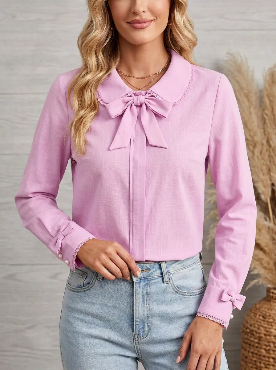Women's Peter Pan Collar Bow-detail Lace-trim Blouse