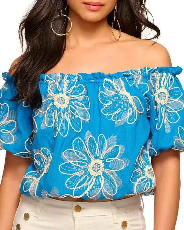 Embroidered Floral Linen Blend Top