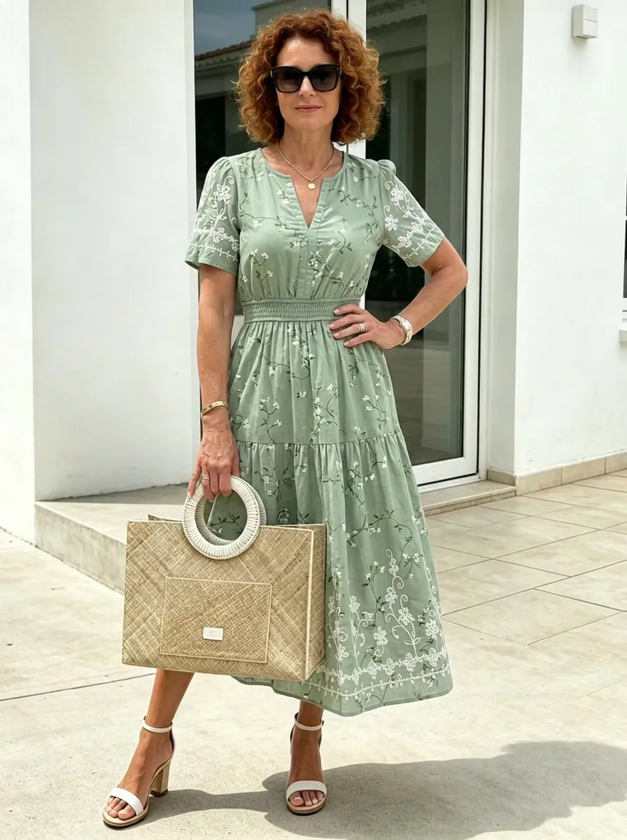 Women's Summer Vacation Sage Green Floral Embroidered Printed Dress