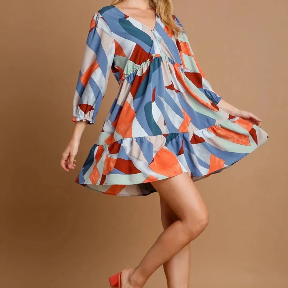Abstract V-Neck Tiered Printed Dress