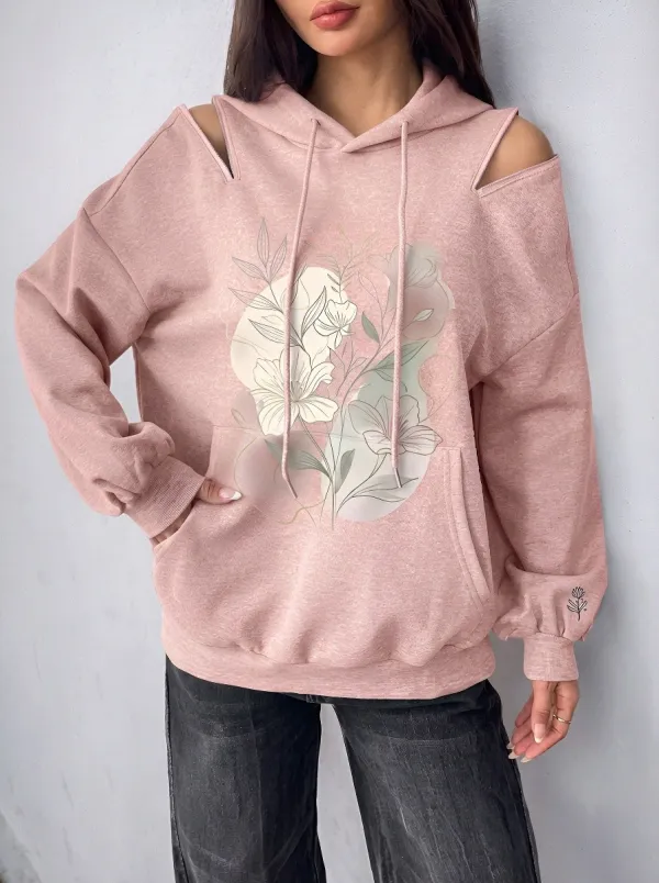 Women's Floral Botanical Art Printed Shoulder Hoodie