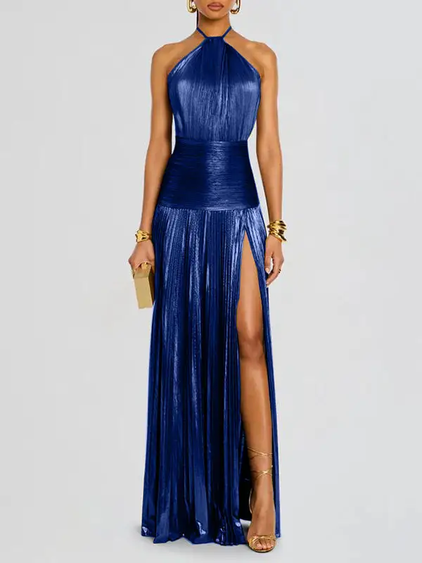 Elasticated Pleated Sleeveless Neck Maxi Dress