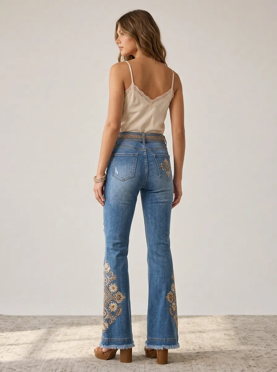 Women's Boho Floral Embroidered Distressed Printed Flare Jeans