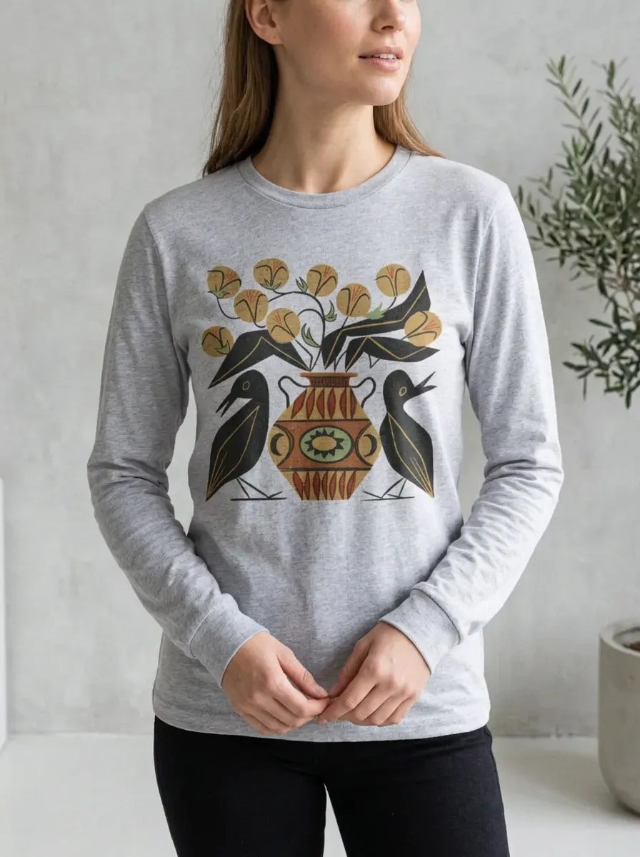 Women's Folk Art Bird Printed Long Sleeve Top