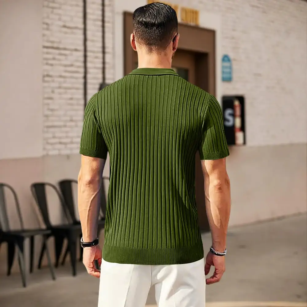 Zip Front Short Sleeve Fine Knit Polo Shirt