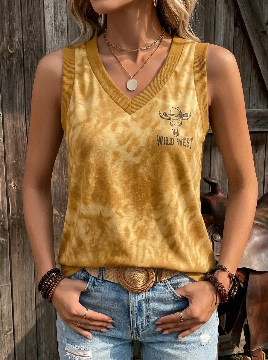 Women's Western Cowboy Skull Wild West Printed Tie-Dye Tank Top