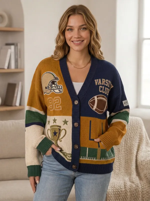 Women's Football Varsity Club Helmet Trophy Knit Knit Cardigan