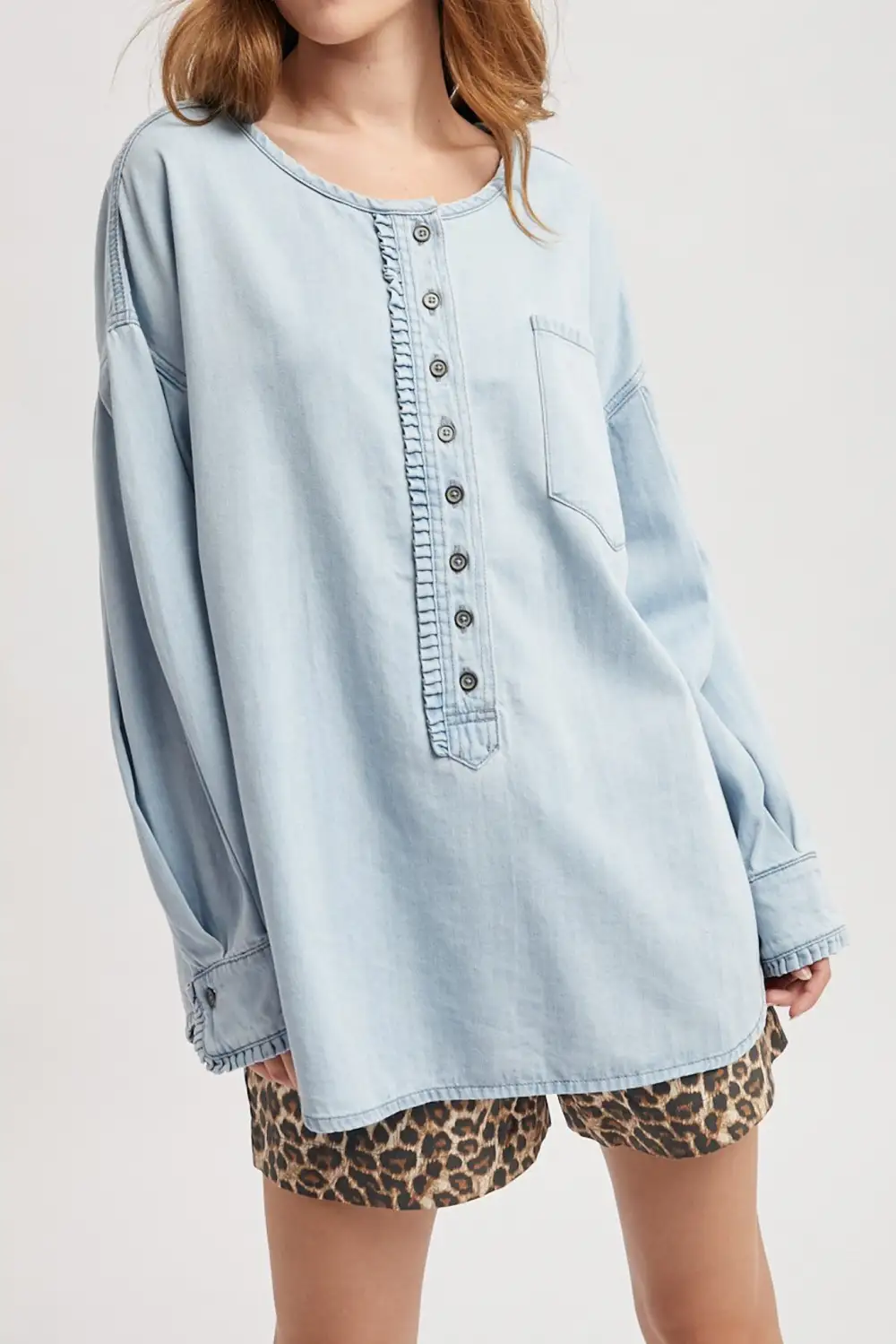 Denim Button Front Henley Ruffle Long Sleeve Top