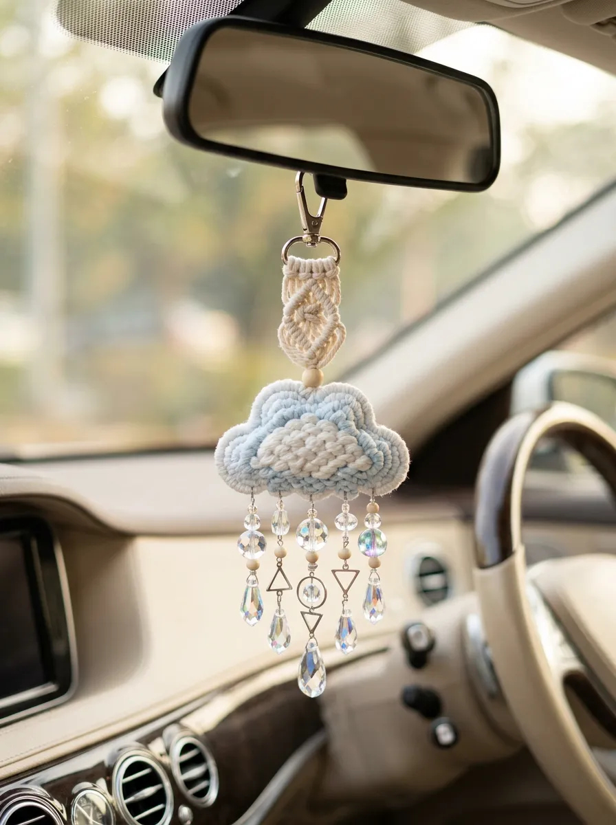 Macrame Crystal Cloud Rearview Mirror Hanging Ornament