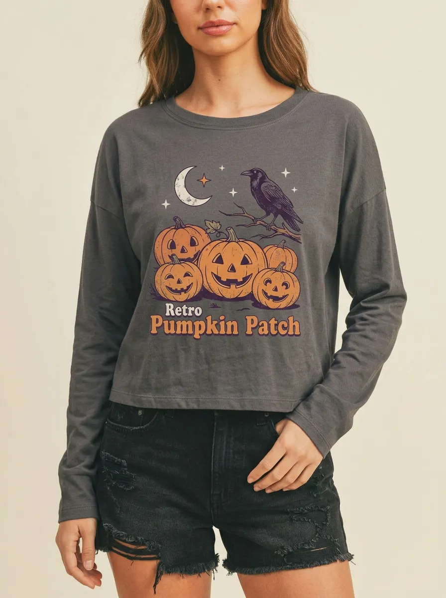 Women's Halloween Retro Pumpkin Patch Raven Moon Printed Long Sleeve Top