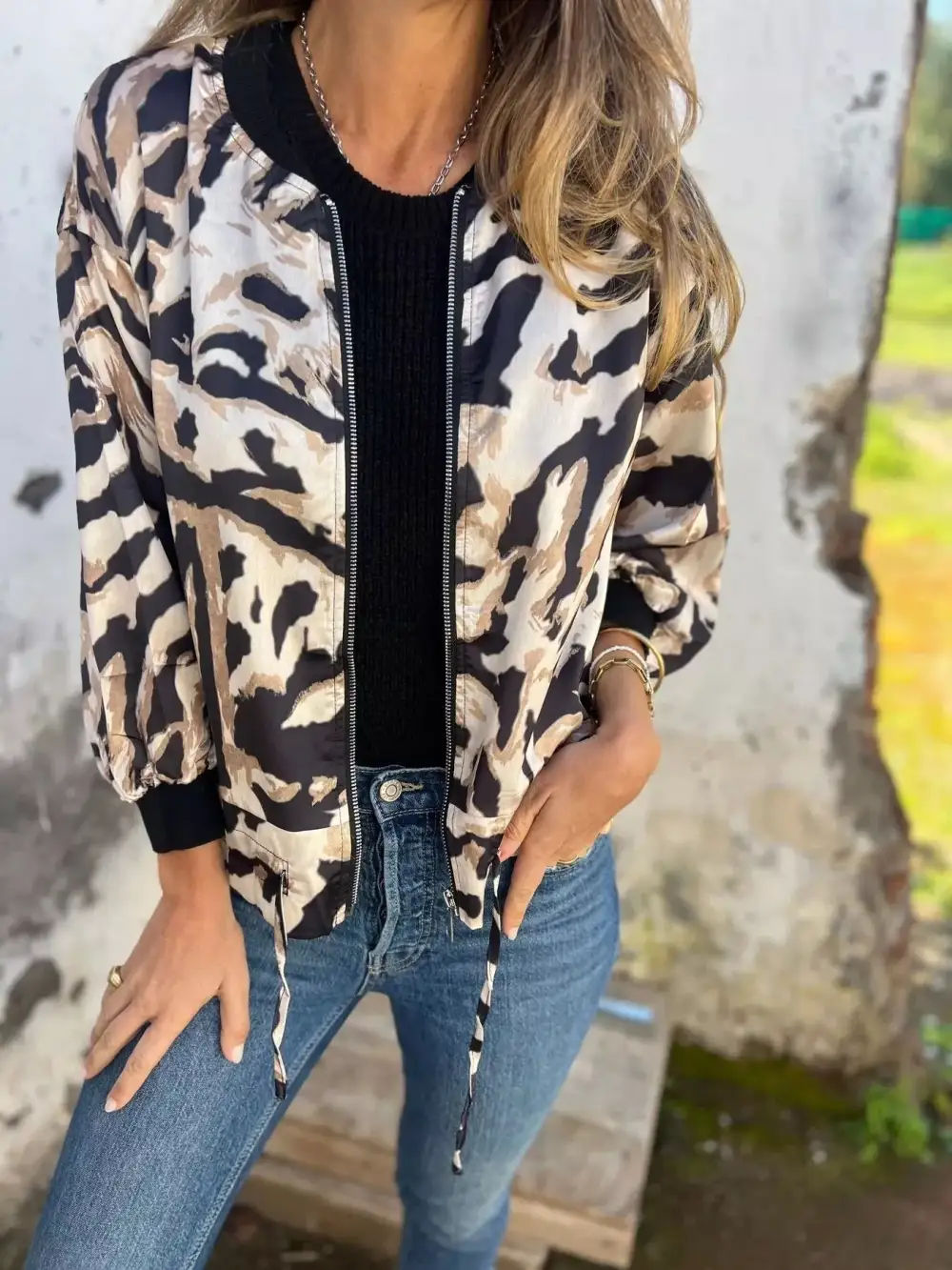 Zip Up Zebra Print Bomber Jacket