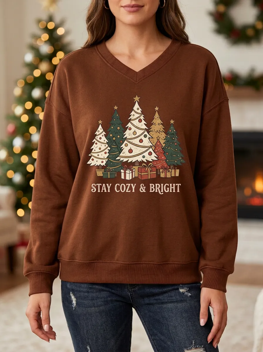 Christmas Holiday Stay Cozy & Bright Trees Print Sweatshirt