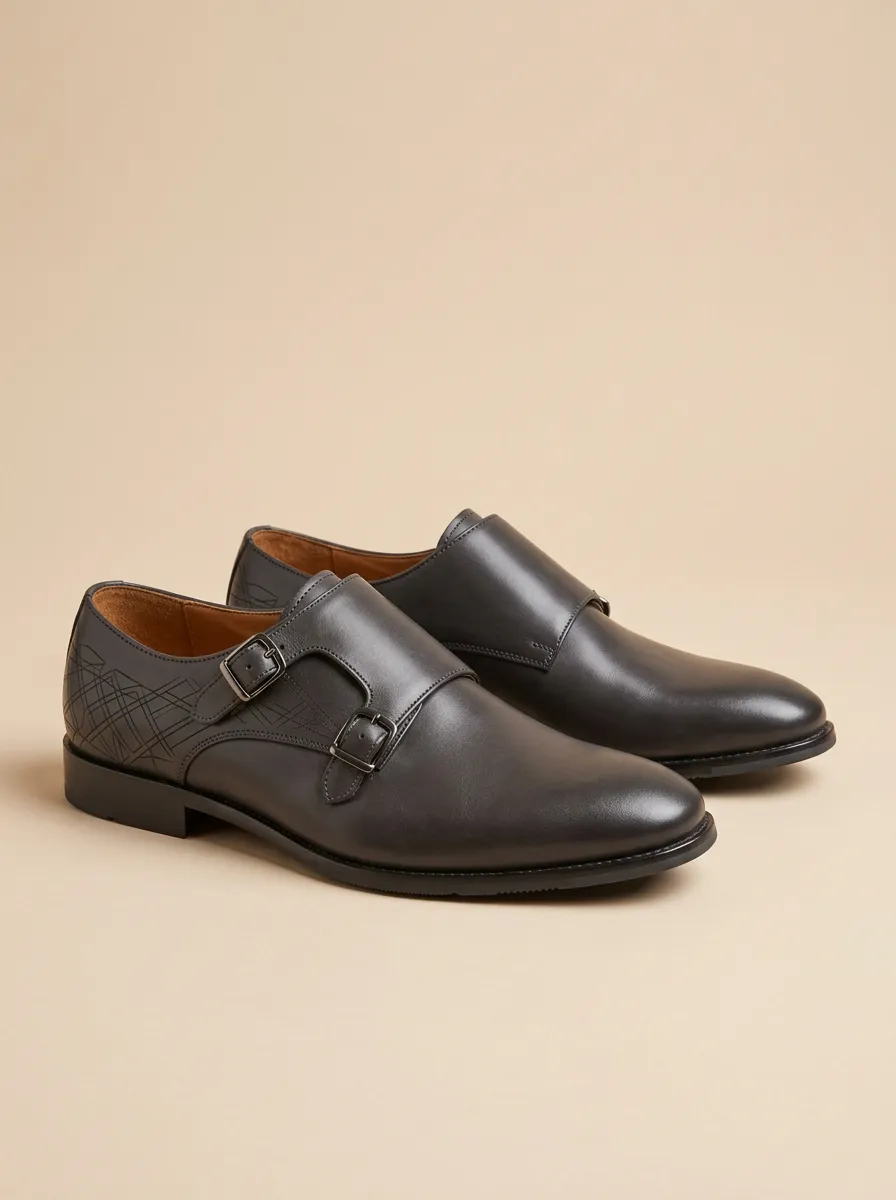 Men's Geometric Pattern Double Monk Strap Printed Leather Shoes