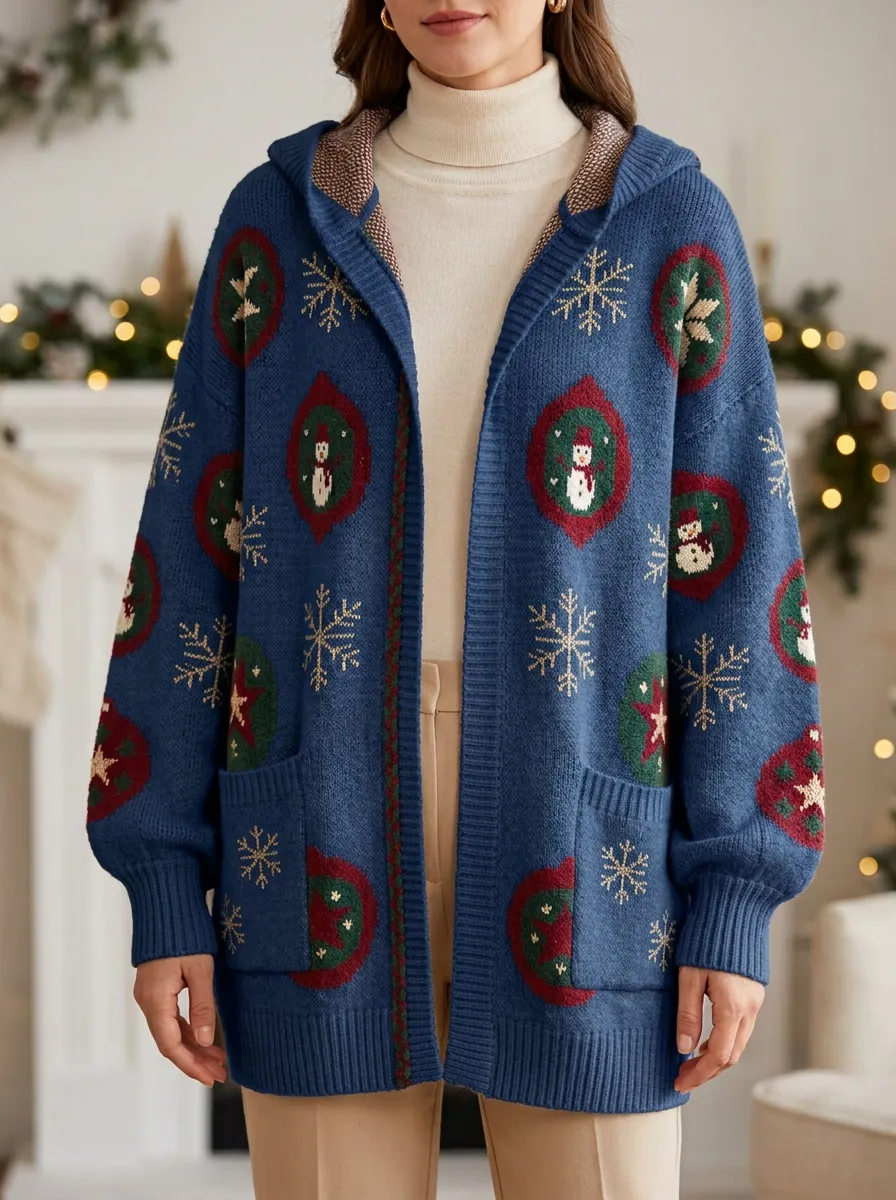 Christmas Snowman Snowflake Pattern Knit Hooded Cardigan
