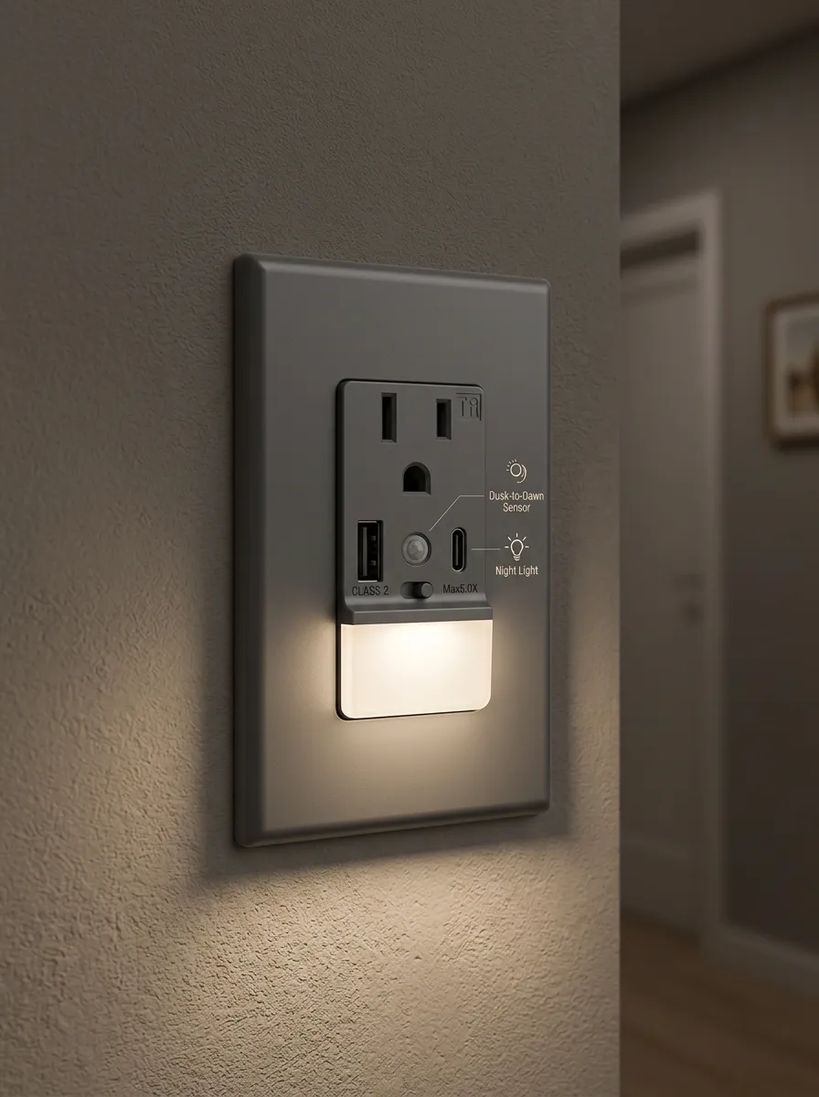 Dusk-to-Dawn Sensor USB Port Printed LED Outlet Cover