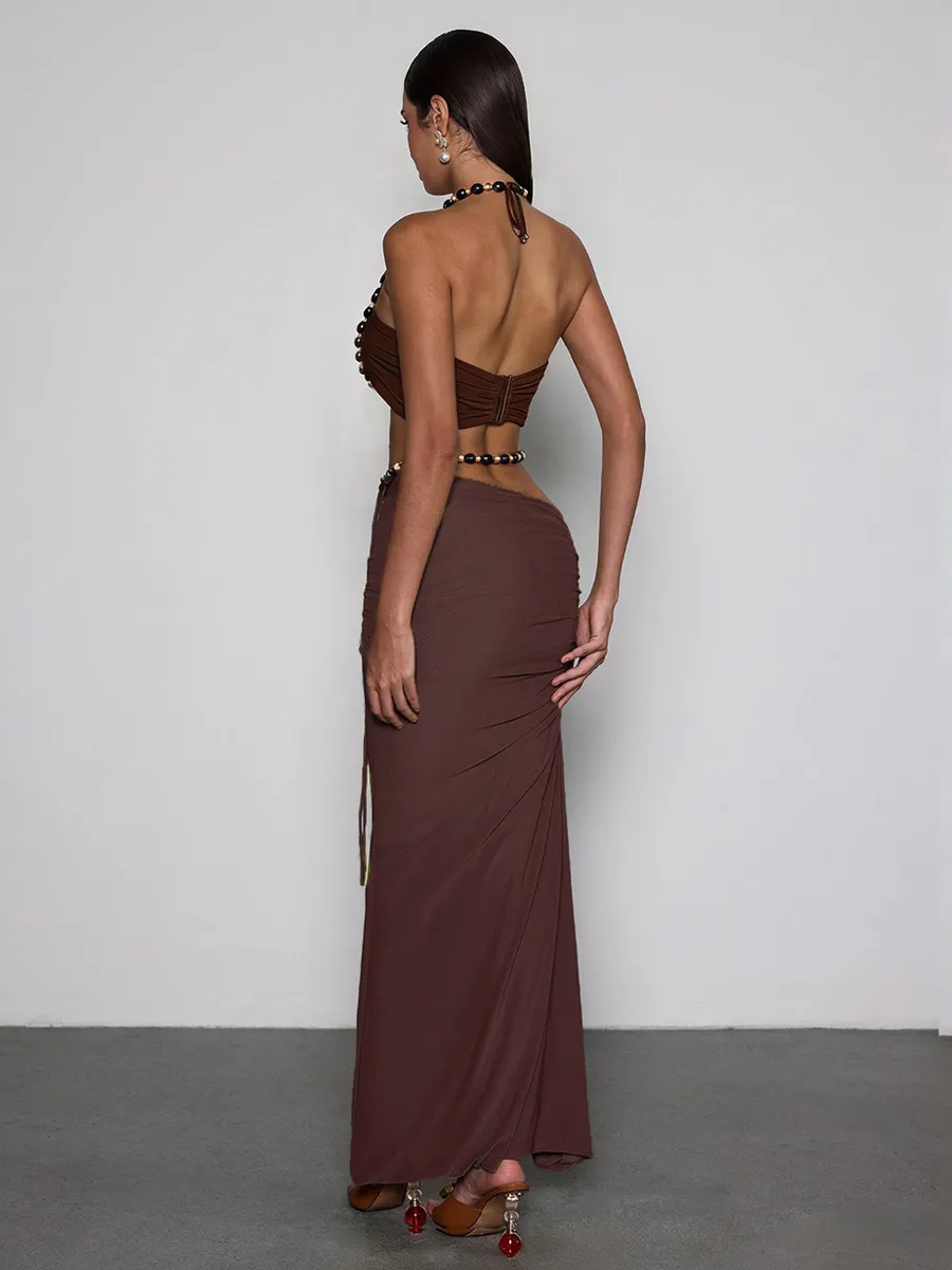 Zuri Halterneck Ruched Skirt Set In Coffee