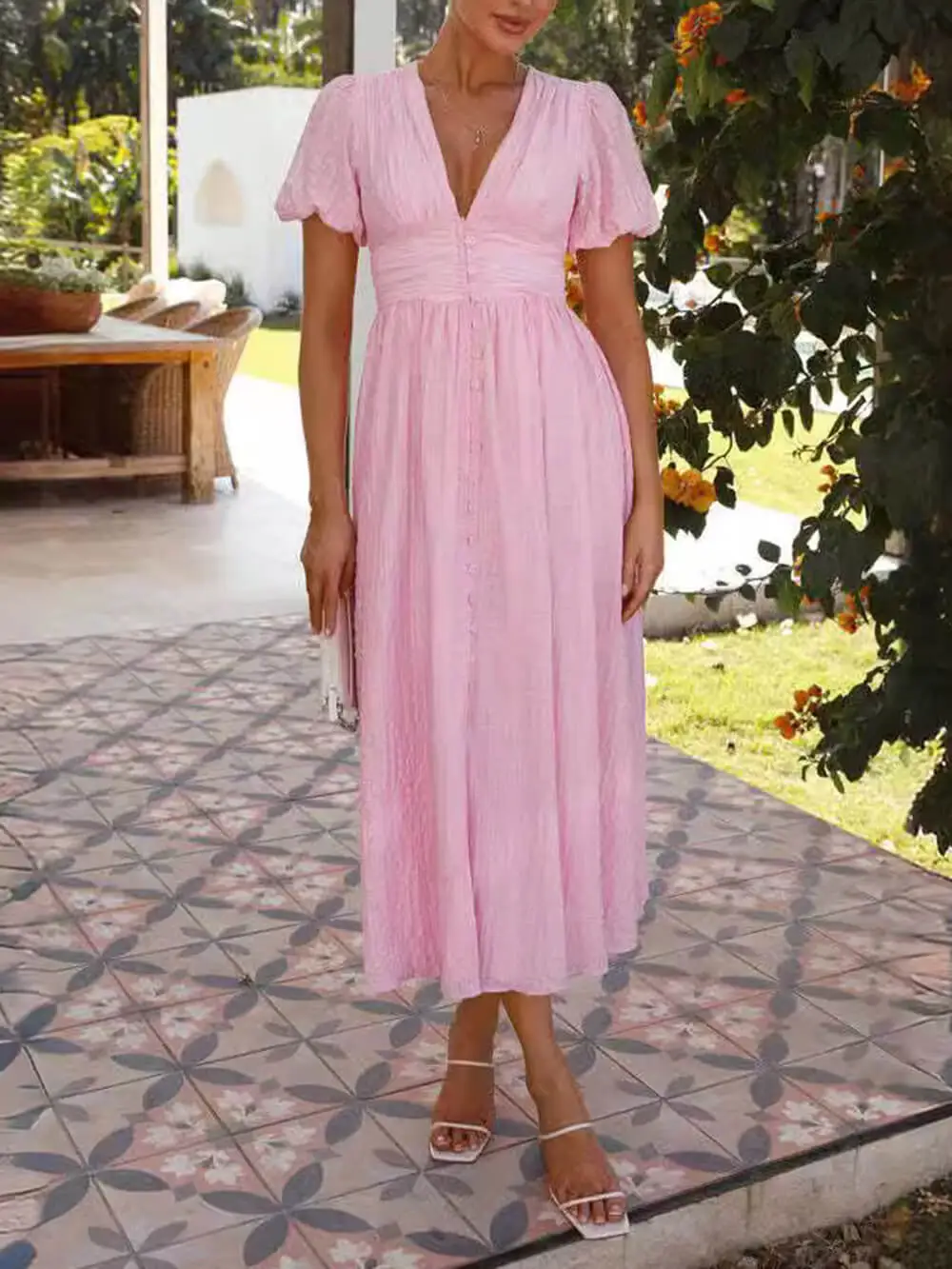 Puff Sleeve V Neck Long Oversized Midi Dress