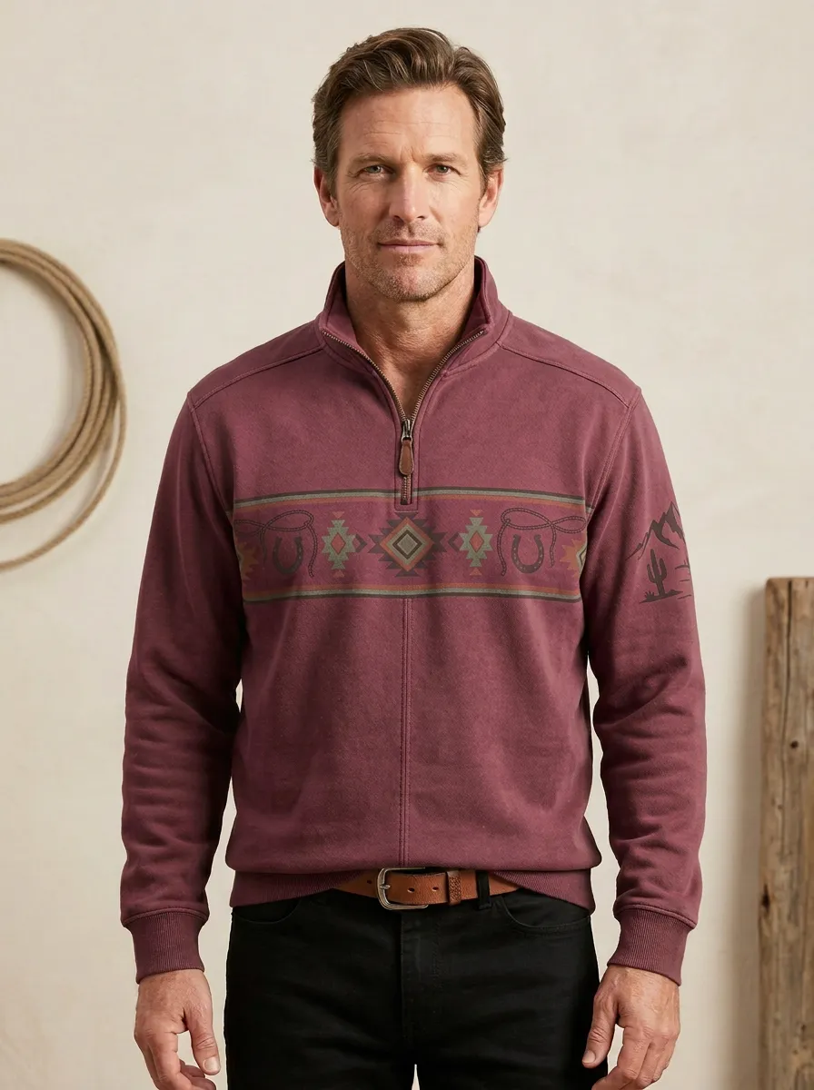 Men's Classic Western Cowboy Horseshoe Horse Southwestern Half-Zip Sweatshirt