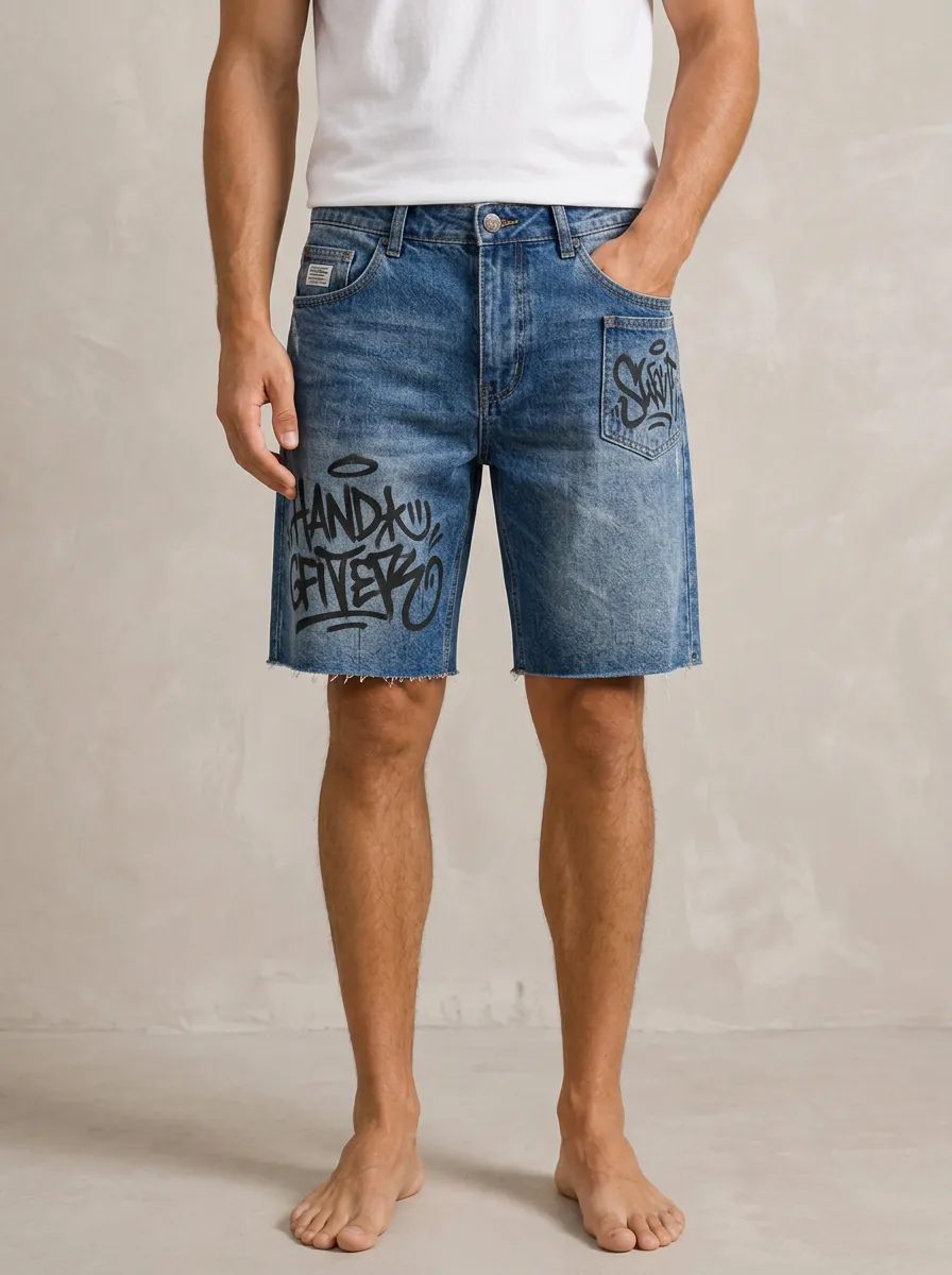 Men's Streetwear Graffiti Lettering Printed Denim Shorts