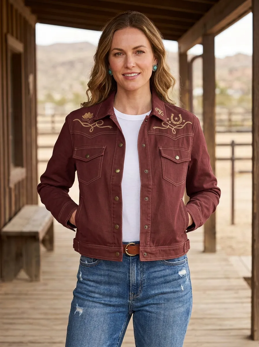 Women's Western Cowgirl Horseshoe Horse Floral Embroidery Floral Denim Jacket