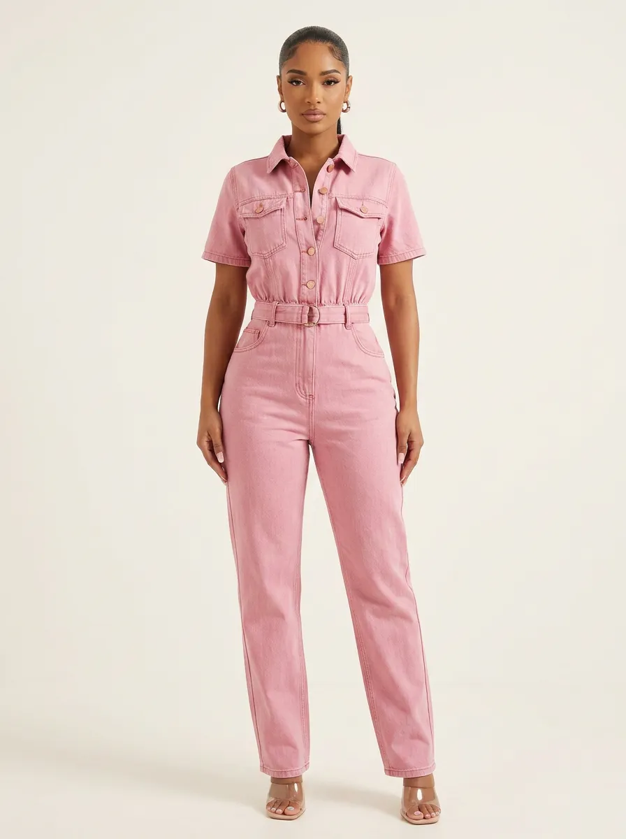Pink Short-Sleeve Button-Front Denim Jumpsuit