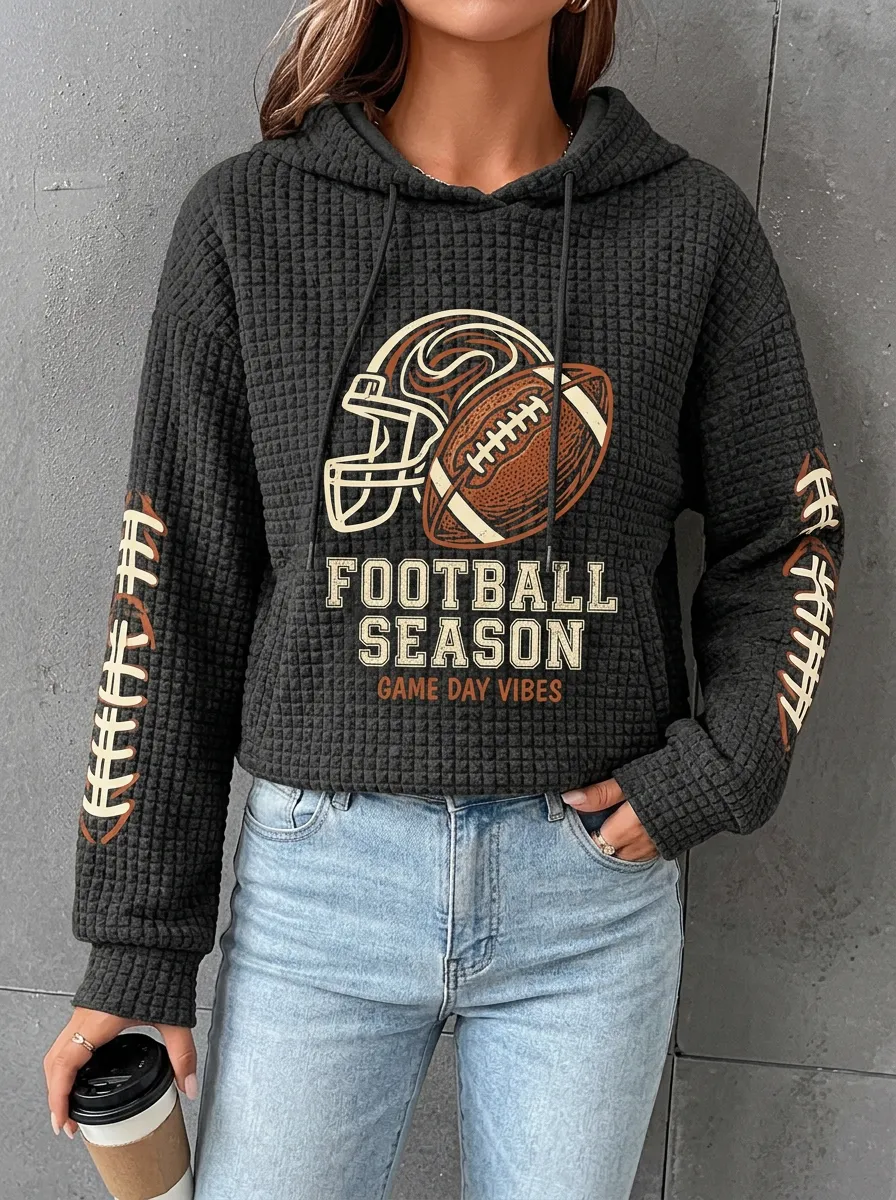 Women's Football Season Helmet Ball Printed Waffle Knit Hoodie