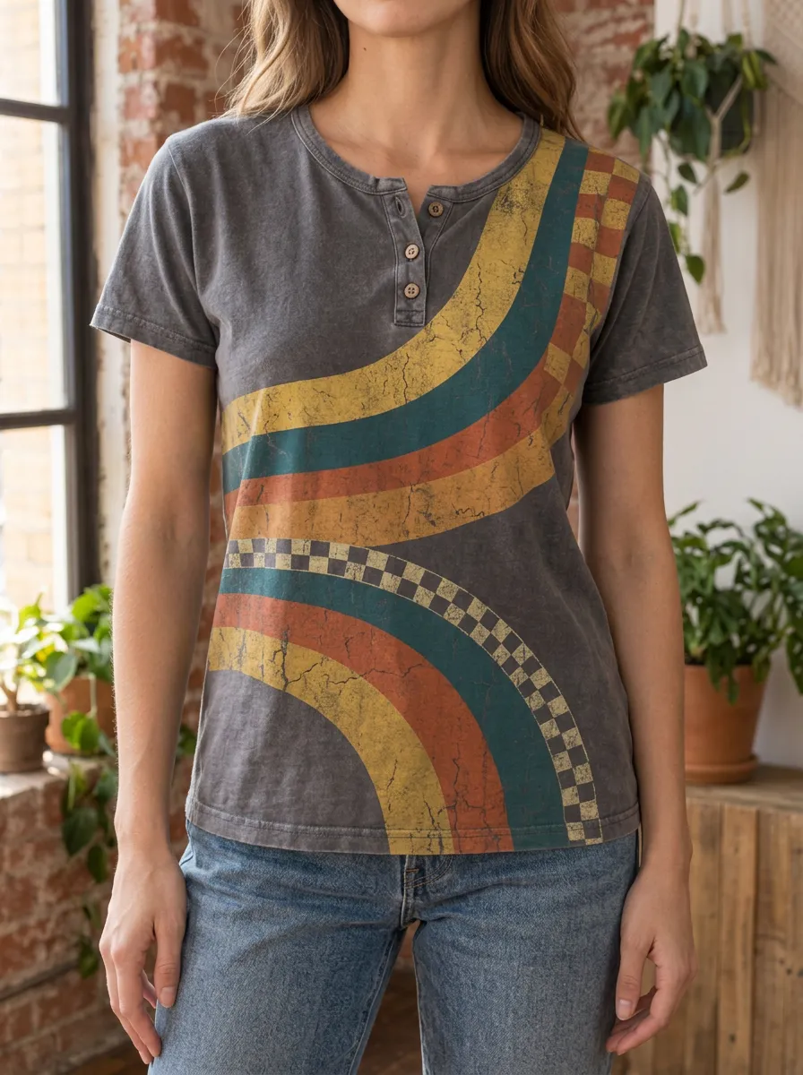 Women's Modern Vintage Retro Rainbow Checkered Henley T-Shirt