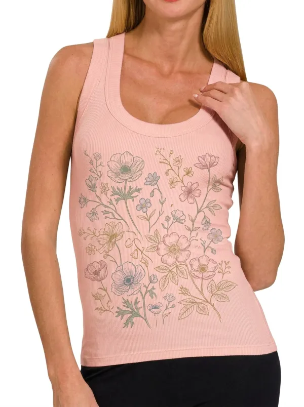 Women's Botanical Floral Garden Printed Ribbed Tank Top