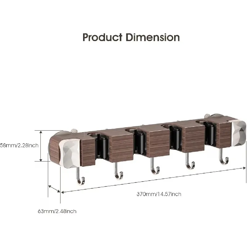 Wooden Mop Hanger with Hooks