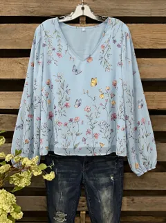 Butterfly Floral V-Neck Women's Loose Printed Blouse